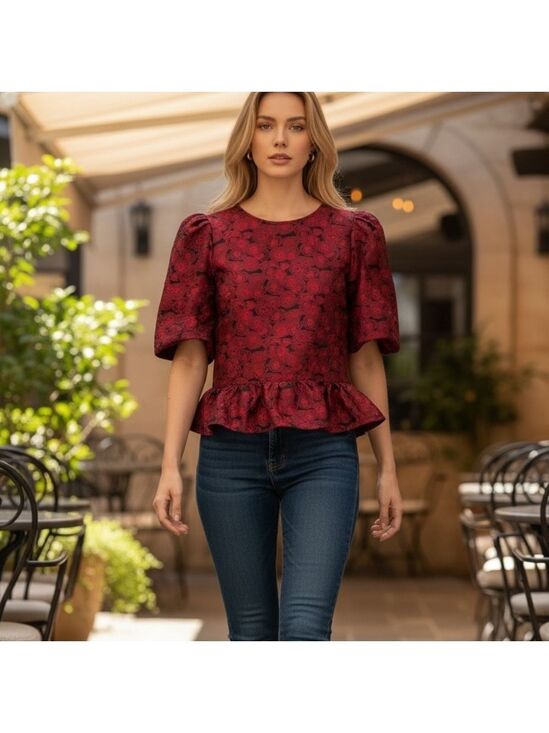 Sugarlips Tops - Sugarlips NWT Aelin Jacquard Red Floral Puff Sleeve Blouse W/ Ruffle Hem Size M